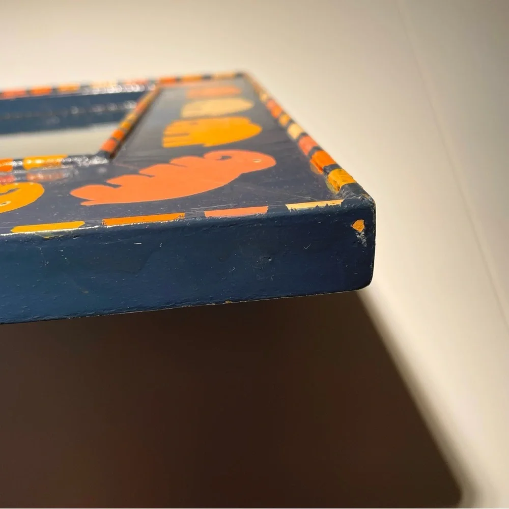 VTG Hand Painted Framed Rectangular Wall Mirror Elephant Motif Blue Orange